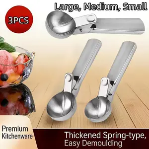 3 piece Food-Grade Stainless Steel Ice Cream Scoop Baller, Dual-Purpose for Commercial & Home Use, Special Tool for Watermelon Fruit Ice Cream, Professional Design Comfortable Grip, Kitchen Baking Dessert Shop Tool