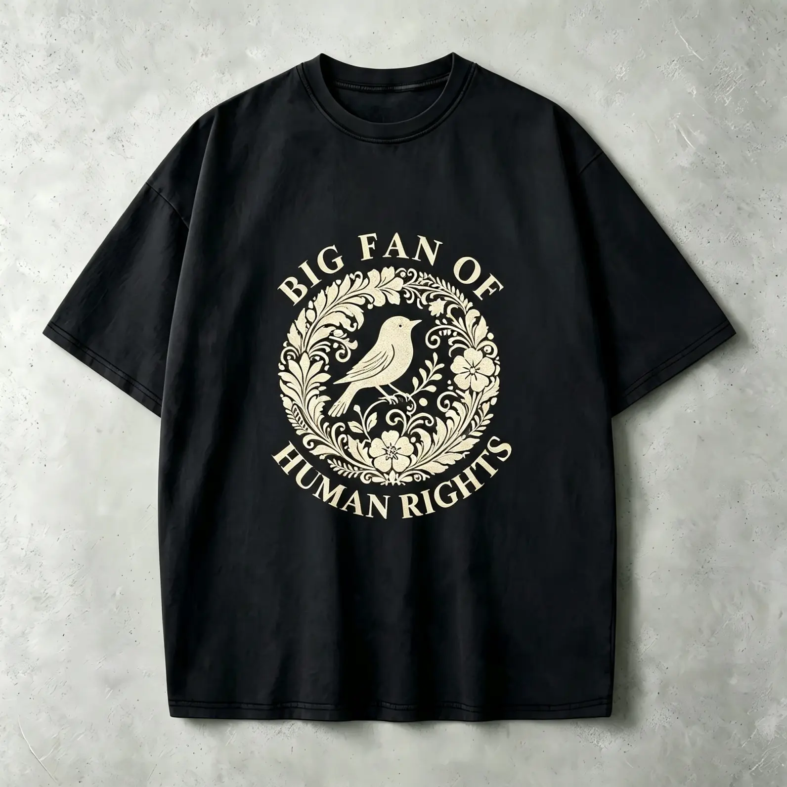 Big Fan Of Human Rights Graphic T-Shirt, Vintage Bird Floral Folk Art Tee, Heavyweight Oversized Pullover, TikTok Shop Slogan Gift