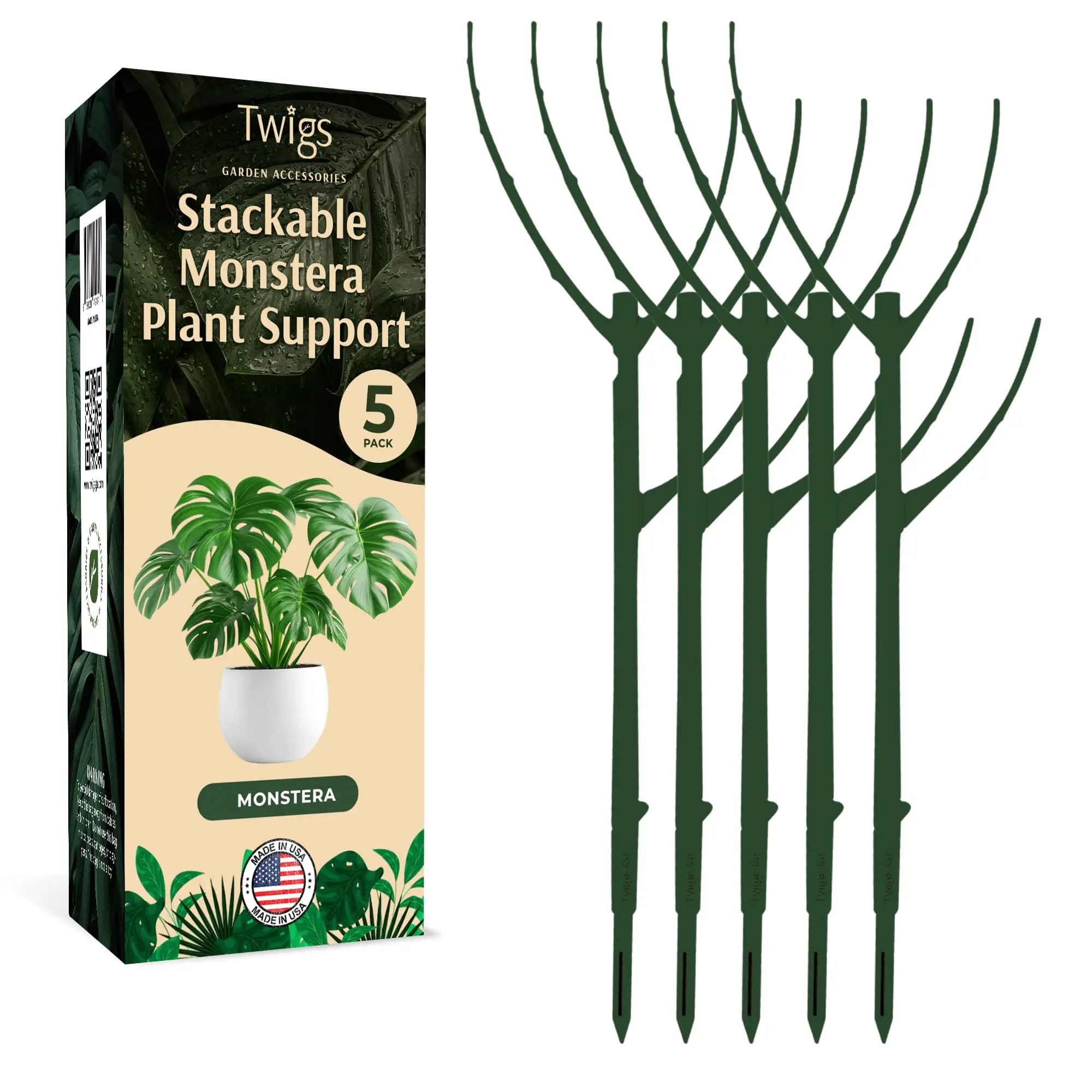 Twigs Garden Accessories - Stackable Plant Support Stakes for Indoor & Outdoor Plants - Monstera Green, 17", Stackable Twig