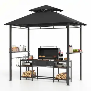 🏕️  8' x 5' Outdoor BBQ Grill Gazebo – Double Roof Grill Shelter with Side Shelves & Hooks, Patio Canopy Tent for Patio Garden Backyard Deck