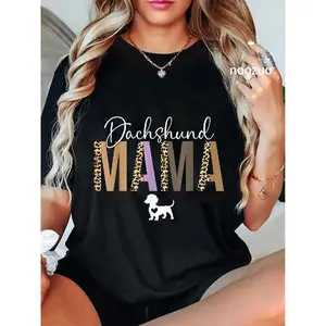 Women's 100% Cotton Round Neck Short-Sleeve Fitted T-Shirt - Unisex Vintage Dachshund Graphic Printed Casual Clothes, Ideal for Dachshund Moms (As Shown in Photos), Shortsleeve