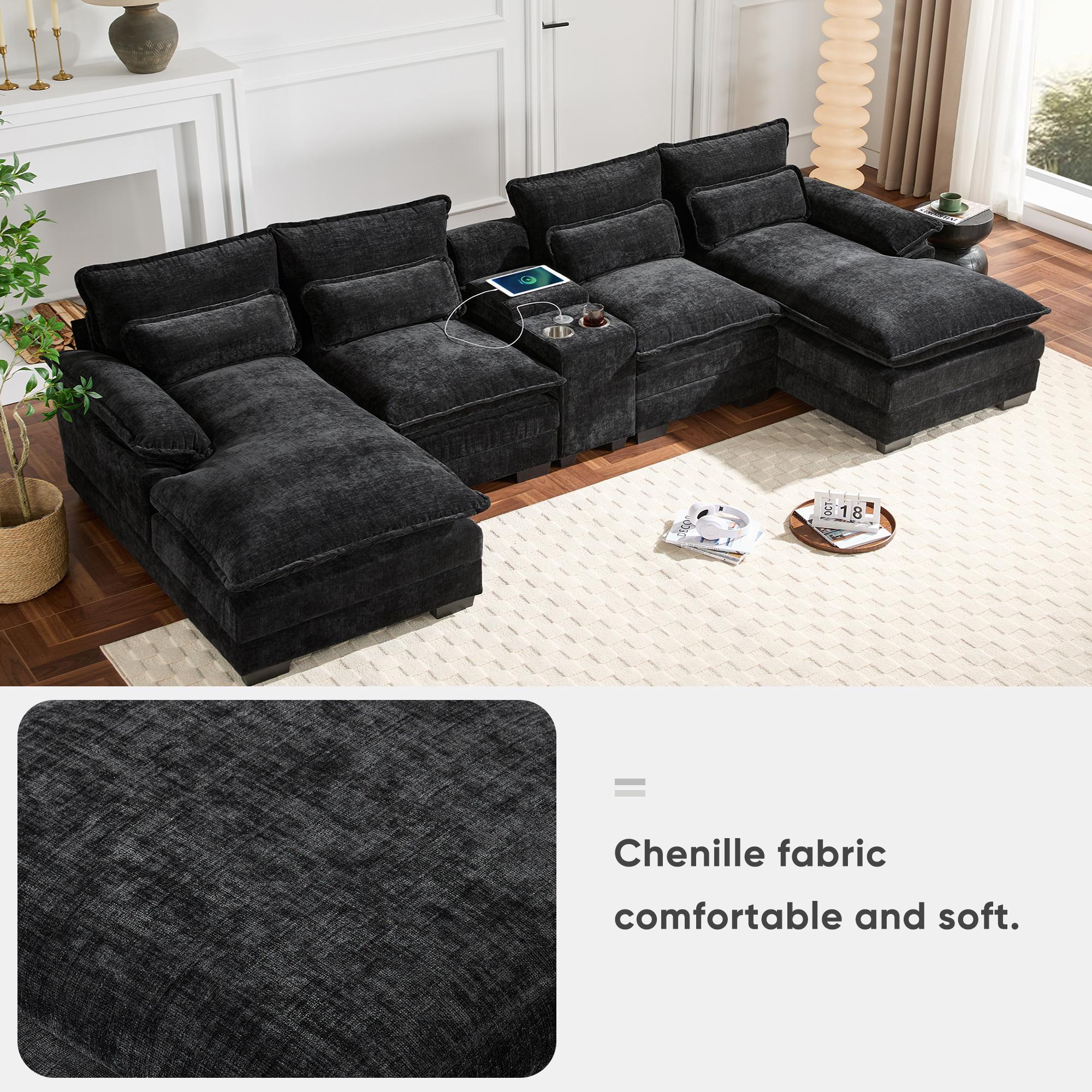 123*55" Modern U-shaped Sectional Sofa with Console, Cup Holders and USB Charger, 6 Seat Upholstered Symmetrical Indoor Furniture, Comfy Chenille Cloud Couch with Chaise for Living Room, Apartment