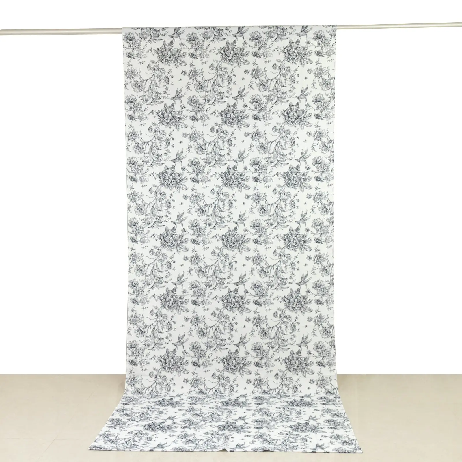 French Toile Wall Hanging Backdrop Curtain - 5ft x 12ft Polyester Single Panel Drape, Black Floral, Rod Pocket Design, for Wedding Party, Baby Shower, Birthday, Ceilings Decoration Supplies