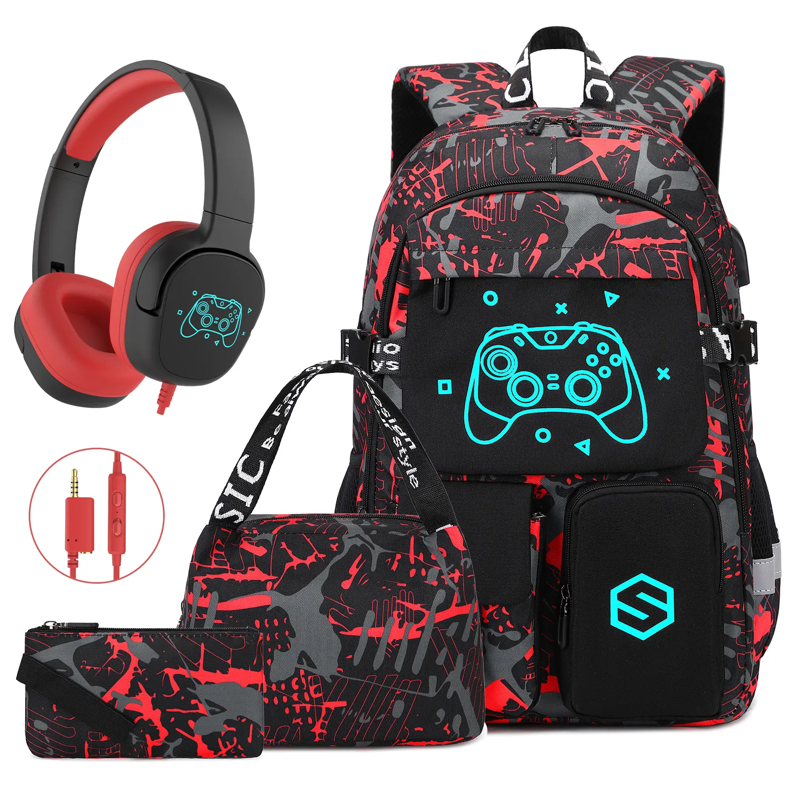SIMILOVE Luminous Waterproof Backpack Set-Includes School Bag, Lunch Bag, Pencil Case & Headphone/Sling Bag, Lightweight, School Backpack Book Bag For Back- to -School Students