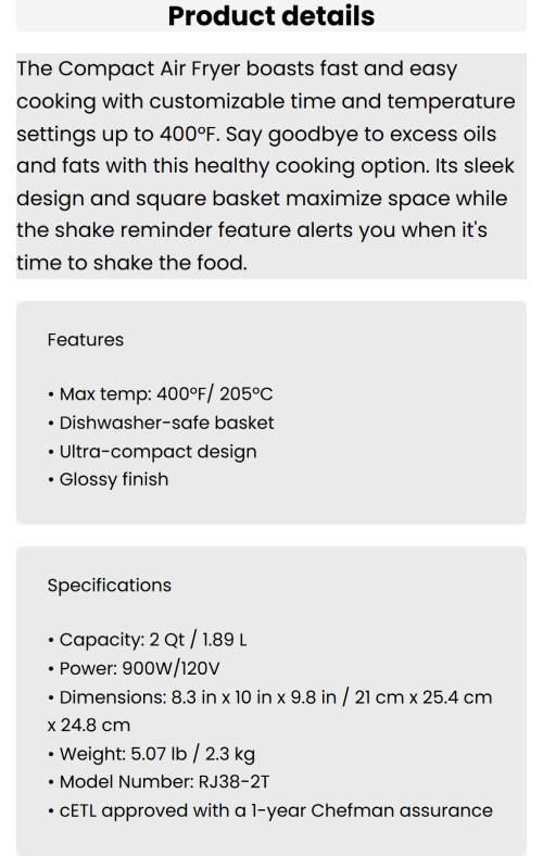 Chefman 2 Quart Digital Air Fryer with Shake Reminder