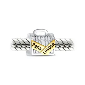 Vacation Travel Suitcase Luggage Charm Bead 14K Gold Plated Silver Fits Bracelet Cuban Link Chain Engraved Necklace