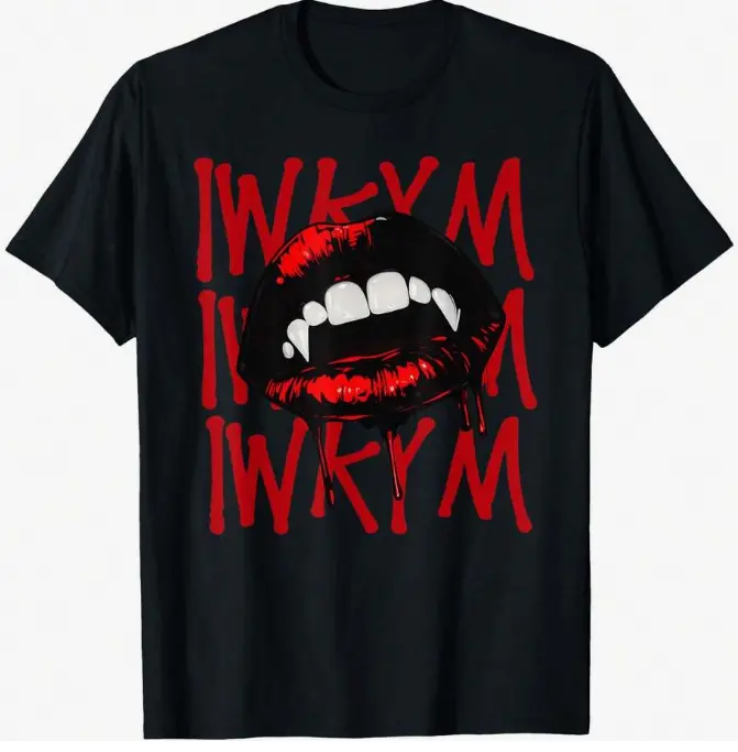Women's Shortsleeve Cotton Tee - IWKYM Punk Vampire Fangs Graphic, Dark Aesthetic, Breathable Heat-Transfer Casual Top for Trips, Indoor Events