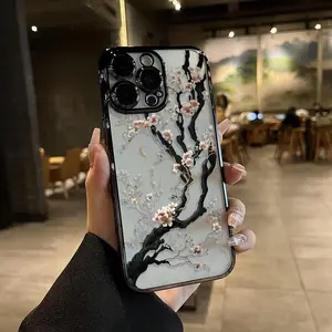 White cherry blossom tree Blooming Pattern Electroplated Mobile Case Camera Lens Protection wildflower cases for iphone 16 15 Pro max case 14 13 12 11 XR XS Plus Shockproof and non-slip silicone transparent acrylic mobile phone protective film