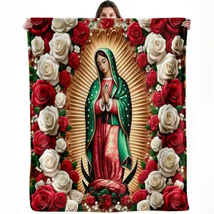 Our Lady of Guadalupe blanket — religious icon with red rose decor design Mary