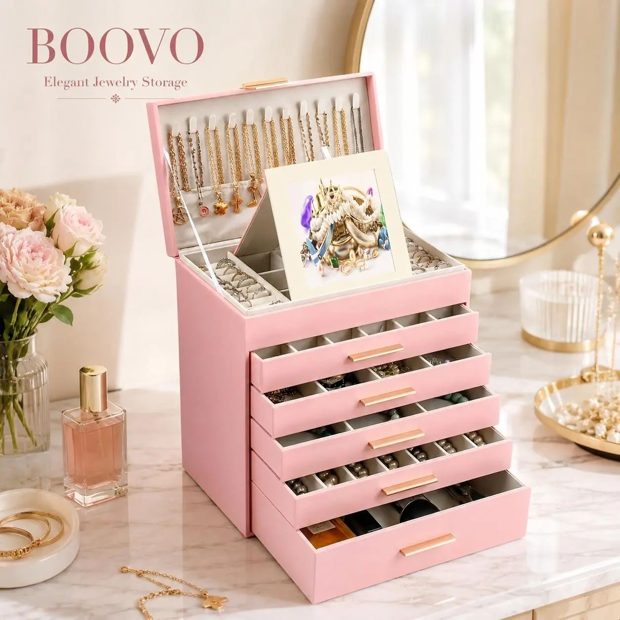 BOOVO 6-Layer Jewelry Organizer Box for Women - Large Jewelry Storage Box with Mirror, PU Leather & Velvet Lining, Jewelry Holder for Necklaces, Rings & Earrings, Birthday Gift for Mom, Wife & Girlfriend, Blush Pink,dorm essentials,home decor