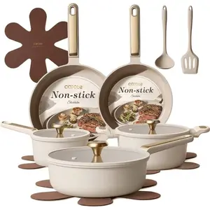 Taupe 14-Piece Ceramic Nonstick Cookware Set with Saucepan, Frying Pans, Lids and Utensils, Induction Compatible