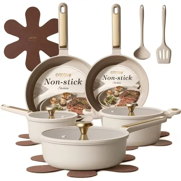 Taupe 14-Piece Ceramic Nonstick Cookware Set with Saucepan, Frying Pans, Lids and Utensils, Induction Compatible