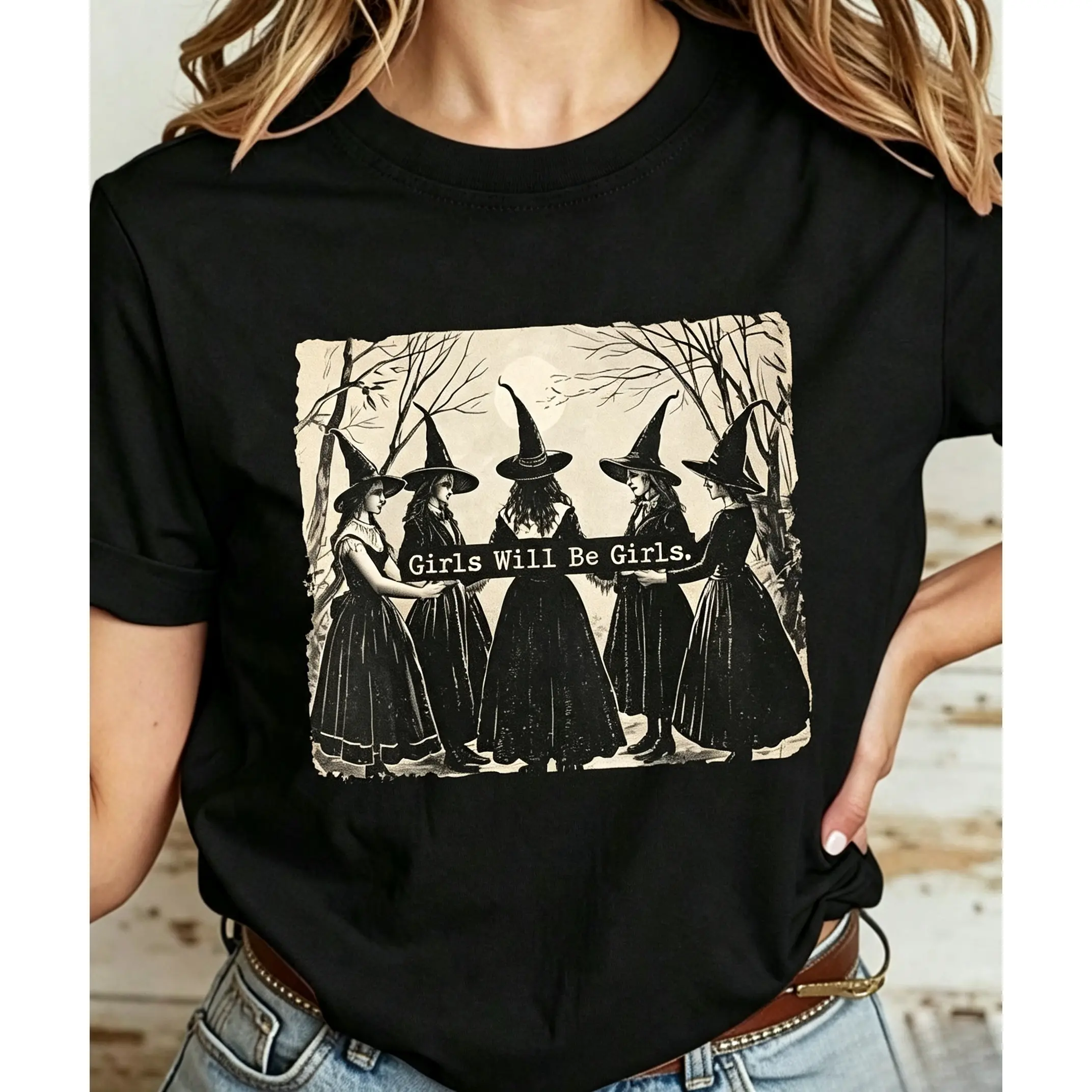 Women's Witch Print Cotton Short Sleeve Top - Comfortable Halloween Casual Wear, Tops, Shortsleeve