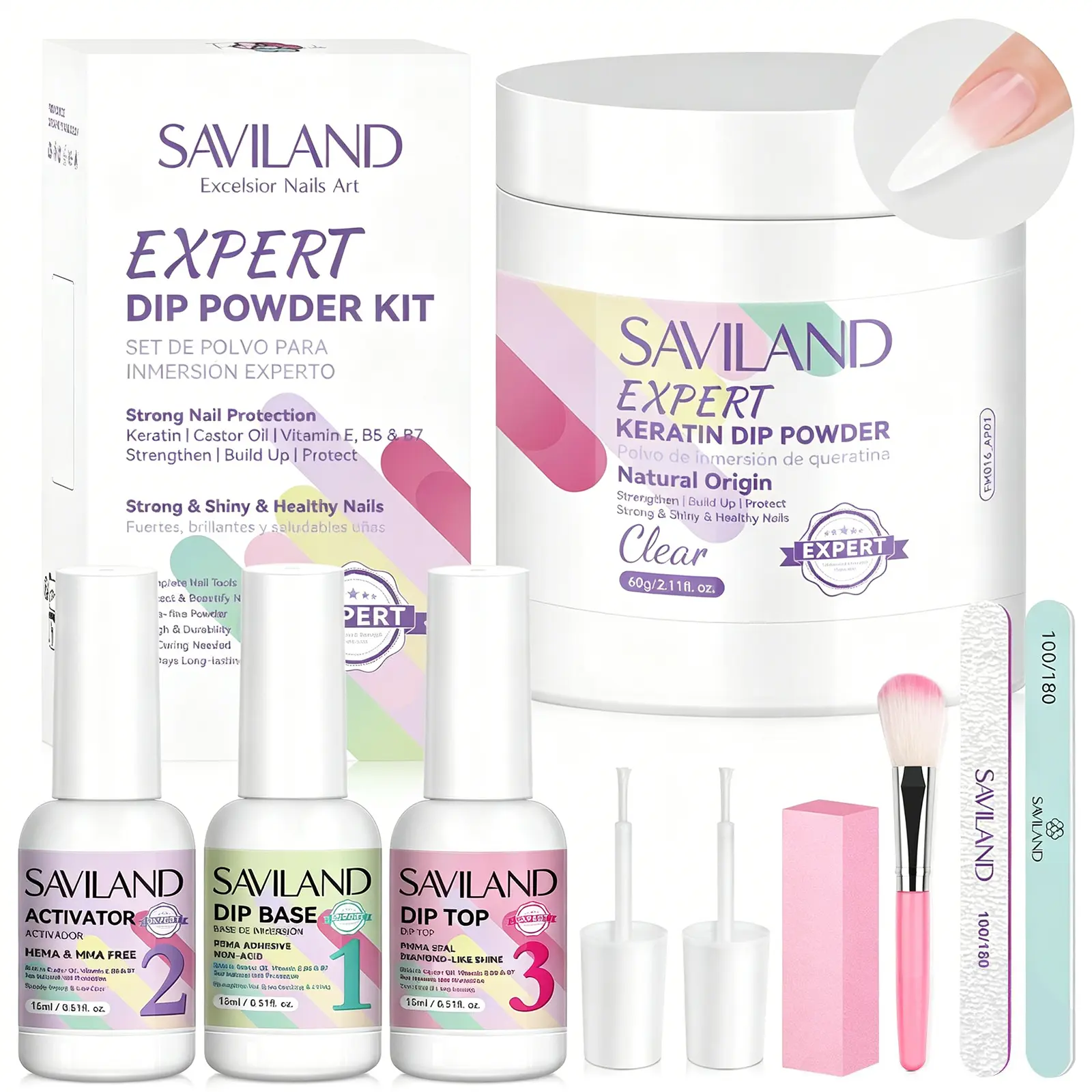 SAVILAND Clear Nail Dip Powder Kit Starter: 60g 2oz Kreatin Dip Powder Nail Liquids Dipping Powder Activator Base Top Coat Professional Dip Nail Kit Repair for French Manicure Salon Home DIY Nail Art