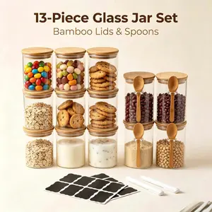 13-piece set of glass jars, 8 for 681ml  and 9 for 495ml . Wide-mouthed transparent glass food storage container, suitable for storing oat yogurt cups, oatmeal, salads, coffee beans, nuts and other glass kitchen utensils;, it is a good gift.