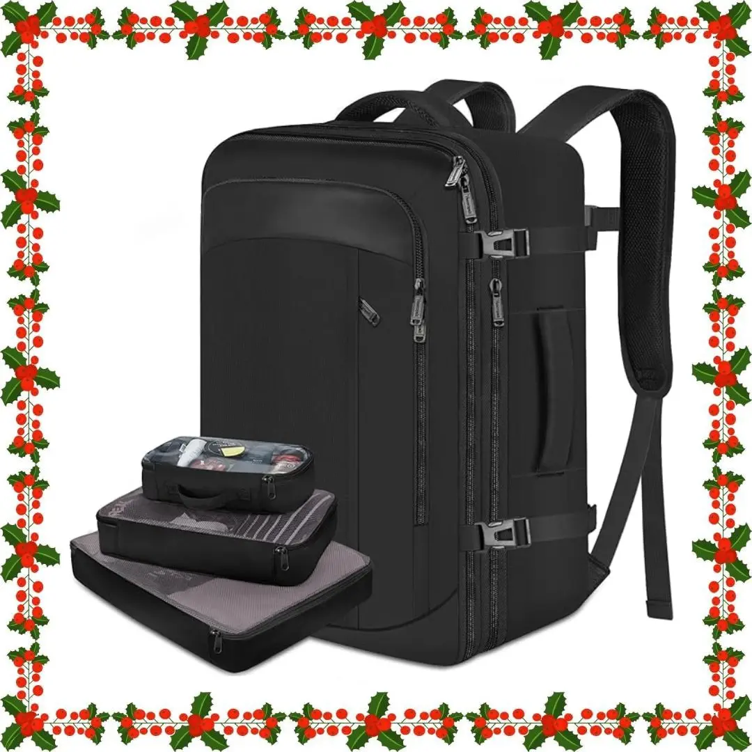 【Back To School】40L Expandable Airline-Approved Carry-On Travel Backpack with 3 Compressed Packing Cubes - Synthetic Large Under-Seat Weekender Rucksack for Men with Adjustable Straps, Graduation Use, Security Check-Friendly Luggage Alternative (Black)