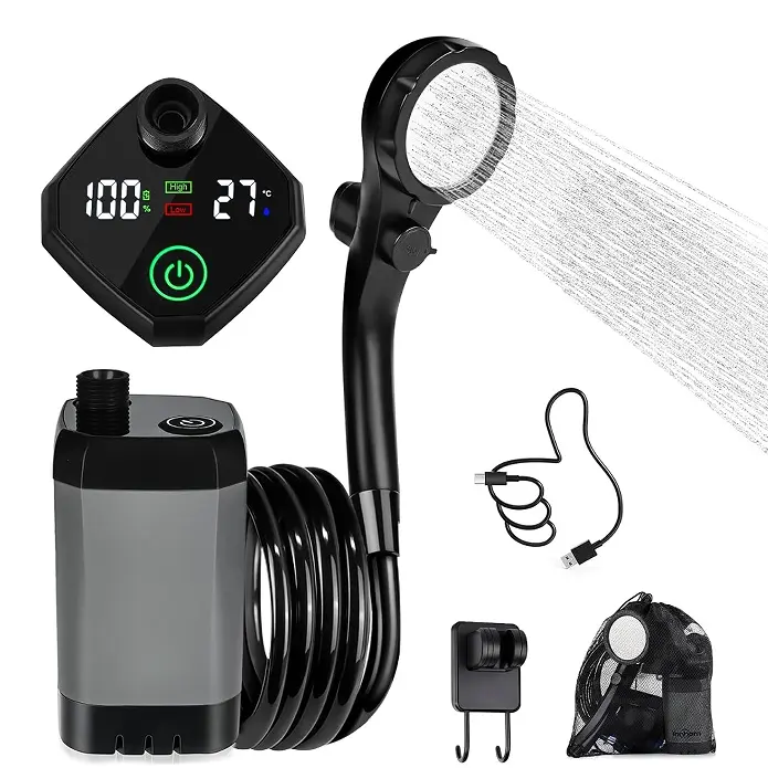 Compact Portable Showers with Adjustable 8L/min Water Pump, Lightweight Outdoor Gear Kit with Soft Towel for Pet Cleaning & Garden, Camping Gear, Travel Accessories