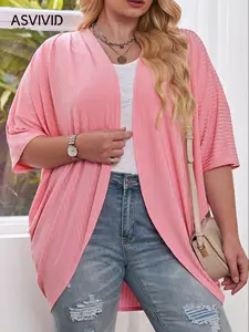 【Plus Size】 Solid Color Open Front Cardigan, Casual 3/4 Sleeve Batwing Knitwear for Spring & Fall, Women's Plus Clothing for Daily Wear