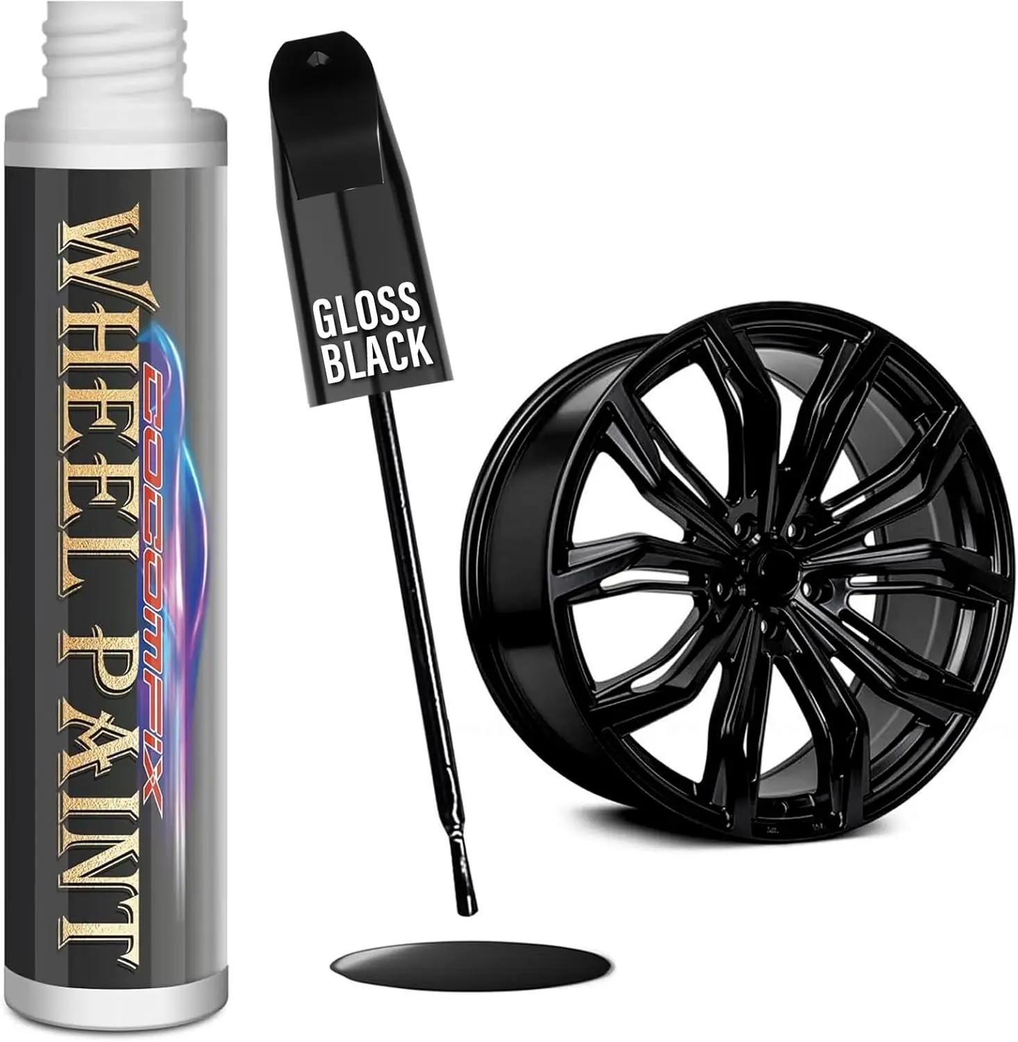 Gloss Black Rim Touch Up Paint, Rim Paint Pen, Car Wheel Scratch Repair Kit for Curb Rash & Scratches, Universal Gloss Black Enamel paint for Alloy/Metal rims (1 fl oz), Scratch Resistant, Covers 1 Sq Ft