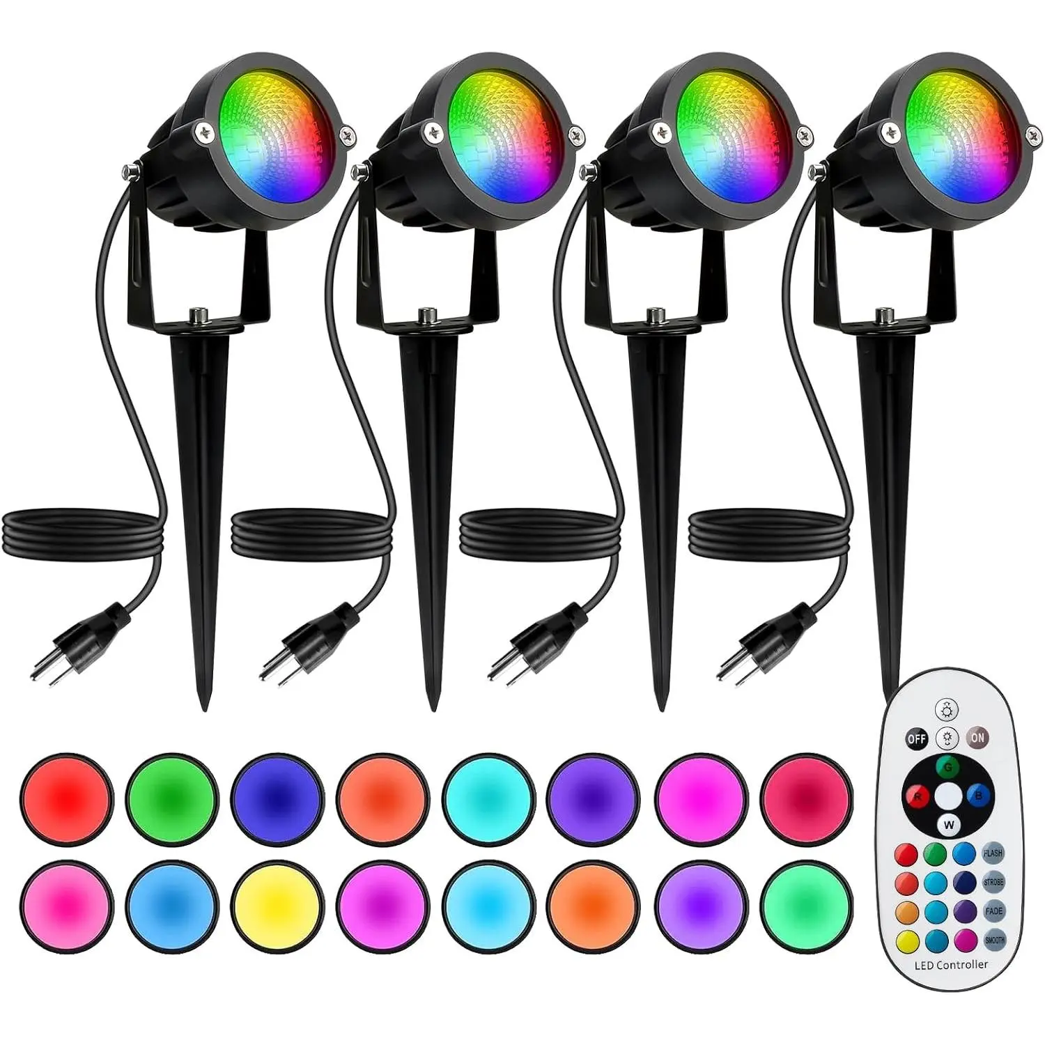 Halloween Christmas Spotlight Outdoor: 12W RGBW LED Spot Lights Outdoor with 16 Color Changing  Yard Garden Decor |   4 Pack of IP65 Waterproof 120V Plug in Landscape Lighting with Remote