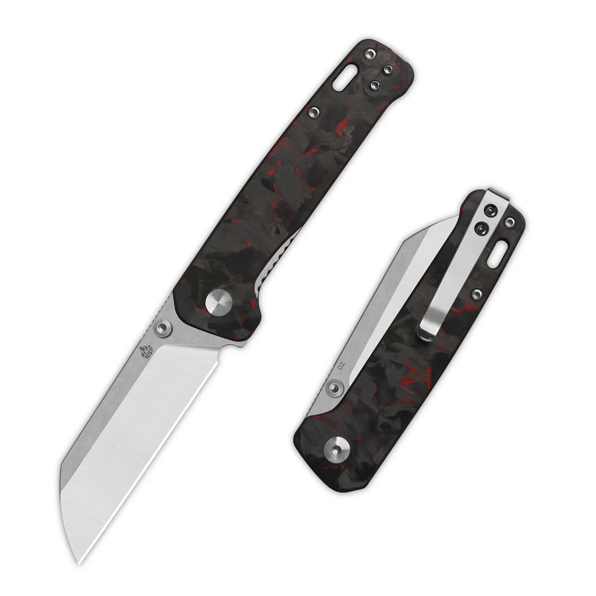 QSP Penguin V2 Folding Pocket Knife, 3.06" D2 Steel Blade EDC Knife, Liner Lock, Ceramic Ball Bearings, Bronze Washers, Reversible SS Deep Carry Clip, Shredded CF Overlay Handle (Red)