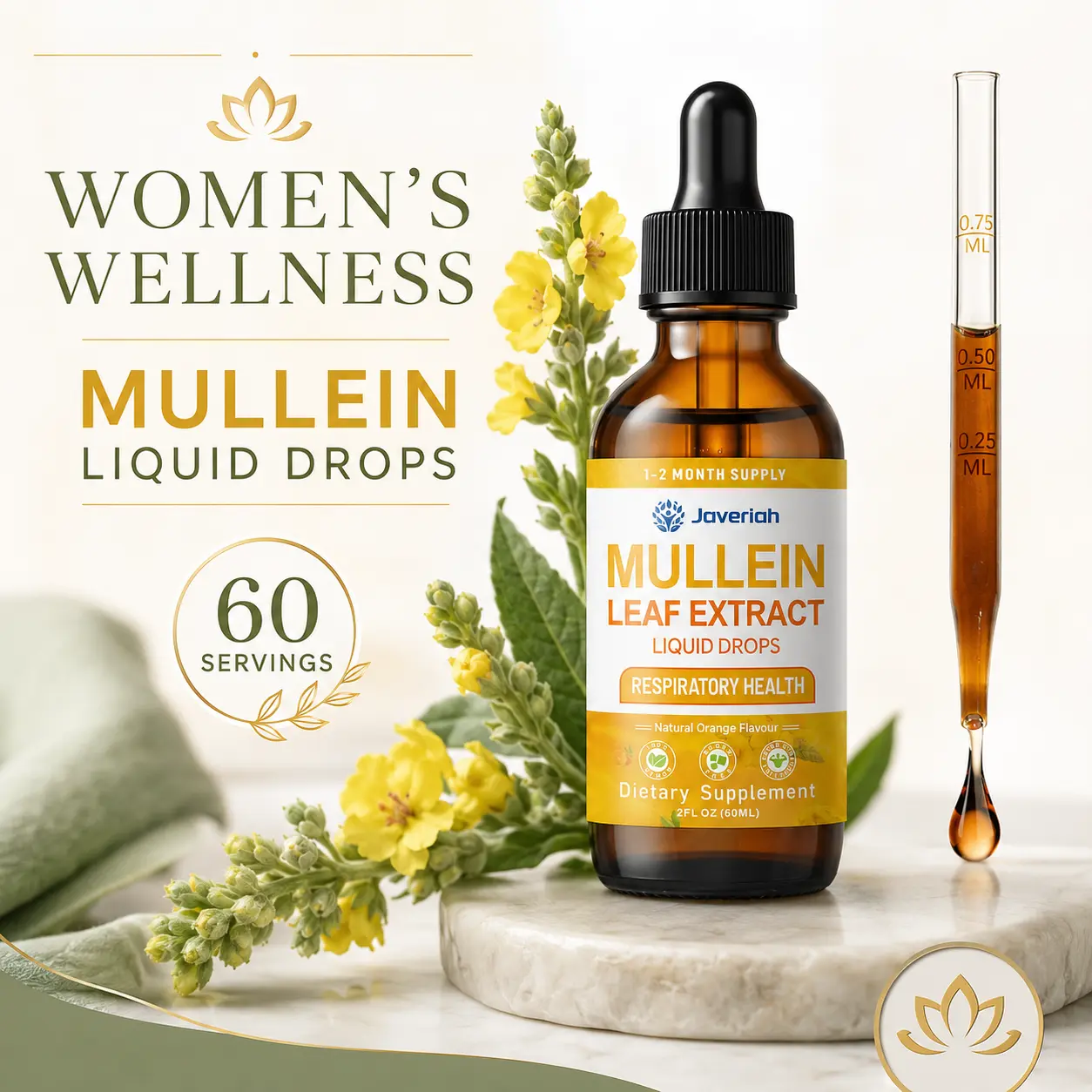 Javeriah Mullein Liquid Drops for Women, Mullein Leaf Extract Herbal Supplement for Daily Wellness Routine, Plant-Based Botanical Tincture for Lung and Respiratory Wellness Support, Women’s Self Care Wellness
