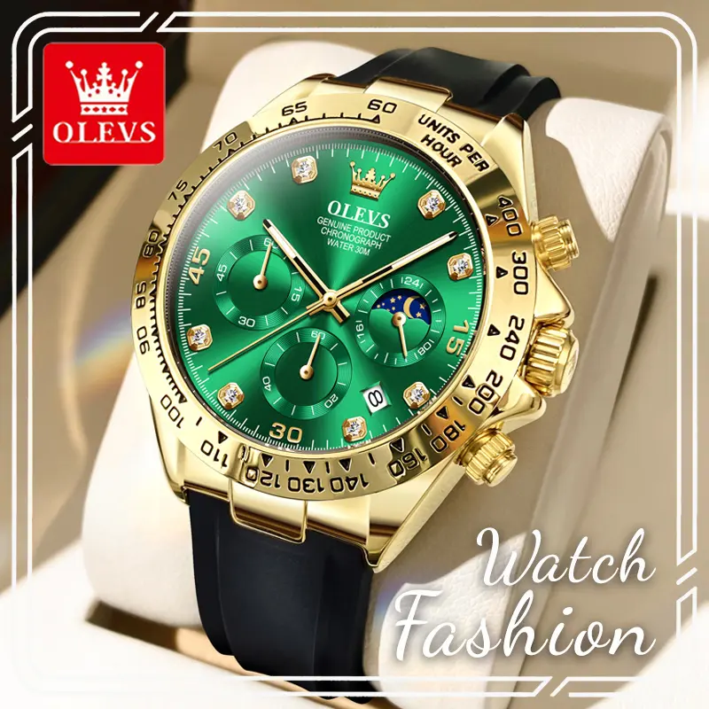 OLEVS 2875 Male Chronograph Quartz Daily Wear Watch, Classic Gold Tone Silicone Band Sport Fashion Timepiece, Triple Sub-Dials, 24-Hour Display, Date Window, Luminescent Hands, 3ATM Splash Resistant Gift For Him