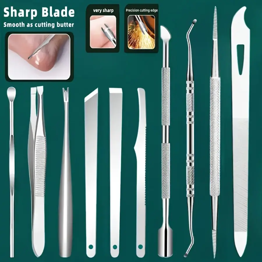 10 Piece Stainless Steel Ingrown Toenail and Callus Removal Kit, Odorless Pedicure and Manicure Set, Pedicure Tools Kit, Portable Storage Box, No Power Required