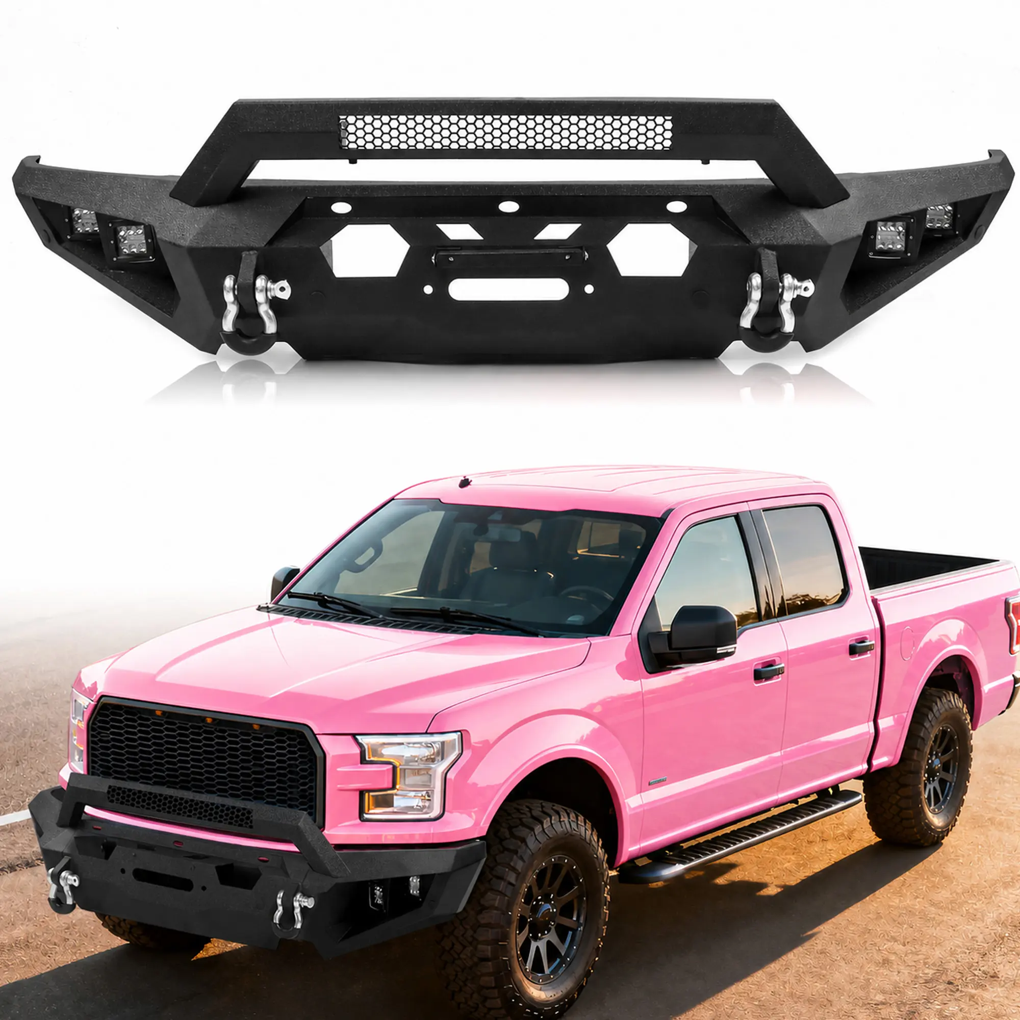 MONOKING Front Bumper for 2015-2017 Ford F-150, Full-Width 1/8-Inch Steel Off-Road Bumper with 12,000-lb Winch Mount, 4 LED Pods, D-Rings, Sensor Holes and Textured Black Finish, Excludes Raptor
