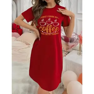 Soft Micro Stretch Women's Lingerie coffee Printed Short Sleeve Round Neck Nightgown Sexy Elegant Young Style Women's Christmas Dress Halloween Christmas Thanksgiving Gift Ideas