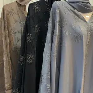 Dubai Original Abaya Two-Piece Set with Chiffon Hijab Featuring Elegant Rhinestone Embellishments