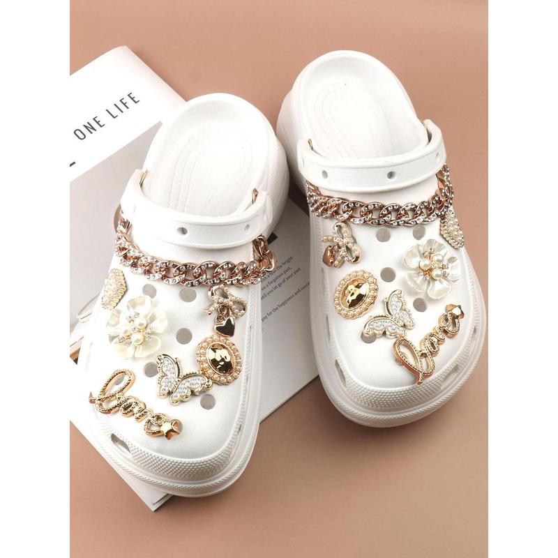 14pcs Fashionable Rhinestone & Letter Decorated Shoes Decorations, Chain & Bowknot Design Shoes Charm Rhinestone Shoes Charms For Vented Clogs Decoration