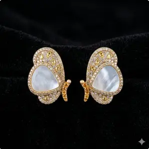 DearYesterday Vintage Mother of Pearl Butterfly Stud Earrings, Yellow Pave CZ Gold Tone Art Nouveau Old Money Jewelry for Women