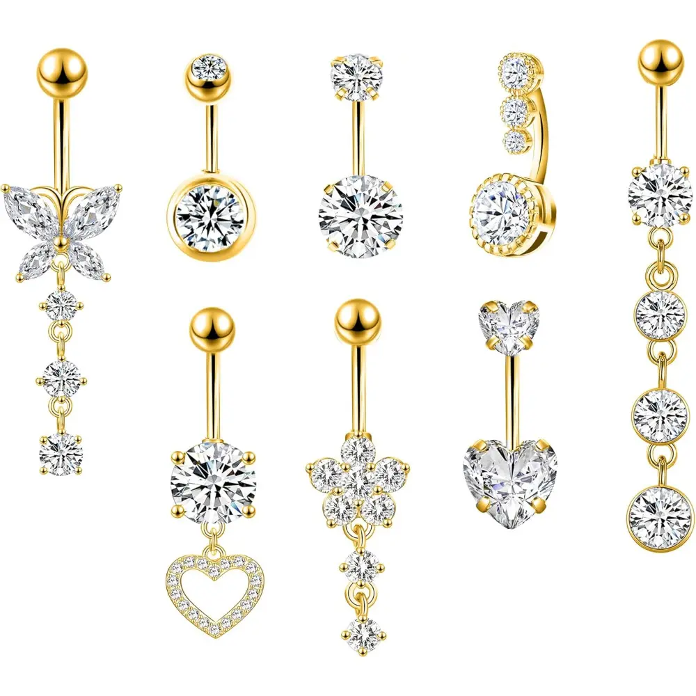 5/7/8 pcs 14G Surgical Steel Cute Navel Ring Belly Button Ring Dangle Piercing Stainless Steel Dangle Belly Button Rings Dangling Belly Rings Beauty & Personal Care