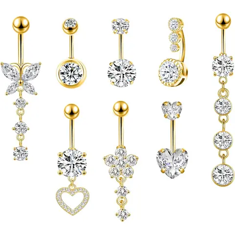 5/7/8 pcs 14G Surgical Steel Cute Navel Ring Belly Button Ring Dangle Piercing Stainless Steel Dangle Belly Button Rings Dangling Belly Rings Beauty & Personal Care