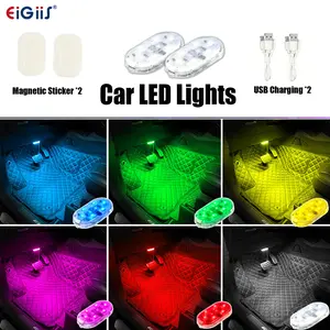 2Pcs Car LED Lights Interior Touchable, Changable Rainbow Color(7)/ Single Color with 6 Bright LED Lamp Beads, Portable USB Rechargeable Led Night Light for Car Decor, Emergency Warning Lights for Car Motorcycle Drone Aircraft Bike