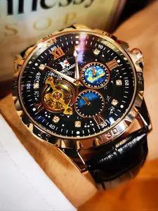 Men's Luxury Mechanical Stainless Steel Watch, Rose Case, Moon Phase Display, Glow-In-The-Dark Hands, Dial, Rhinestone Decorations