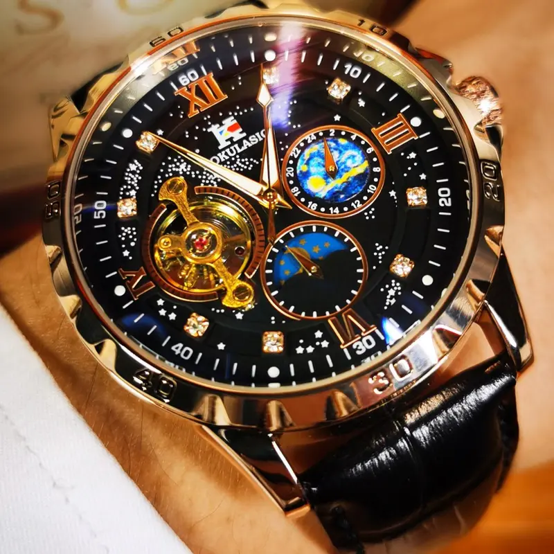Men's Luxury Mechanical Stainless Steel Rhinestone Embellished Fashionable Stylish Watch, Rose Case, Moon Phase Display, Glow-In-The-Dark Hands, Dial, Rhinestone Decorations