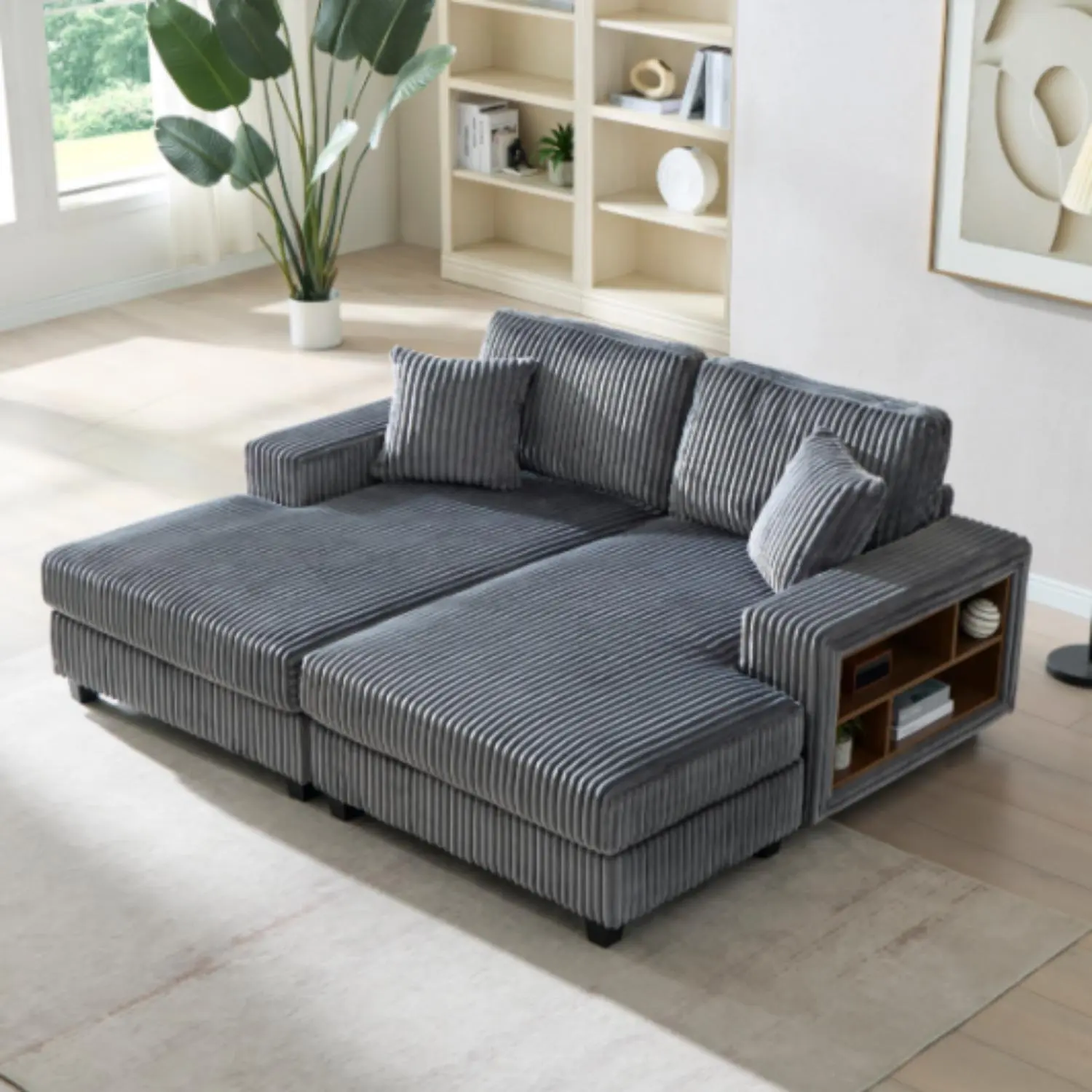 Eyisean 79.5 inch Corduroy Oversized Chaise Lounge Loveseat - Modern Indoor Upholstered Sleeper Sofa for Adults, Sunroom - Easy Set-up, Storage Armrest Cabinet, Deep Seat, Throw Pillows - Studio Apartment Furniture