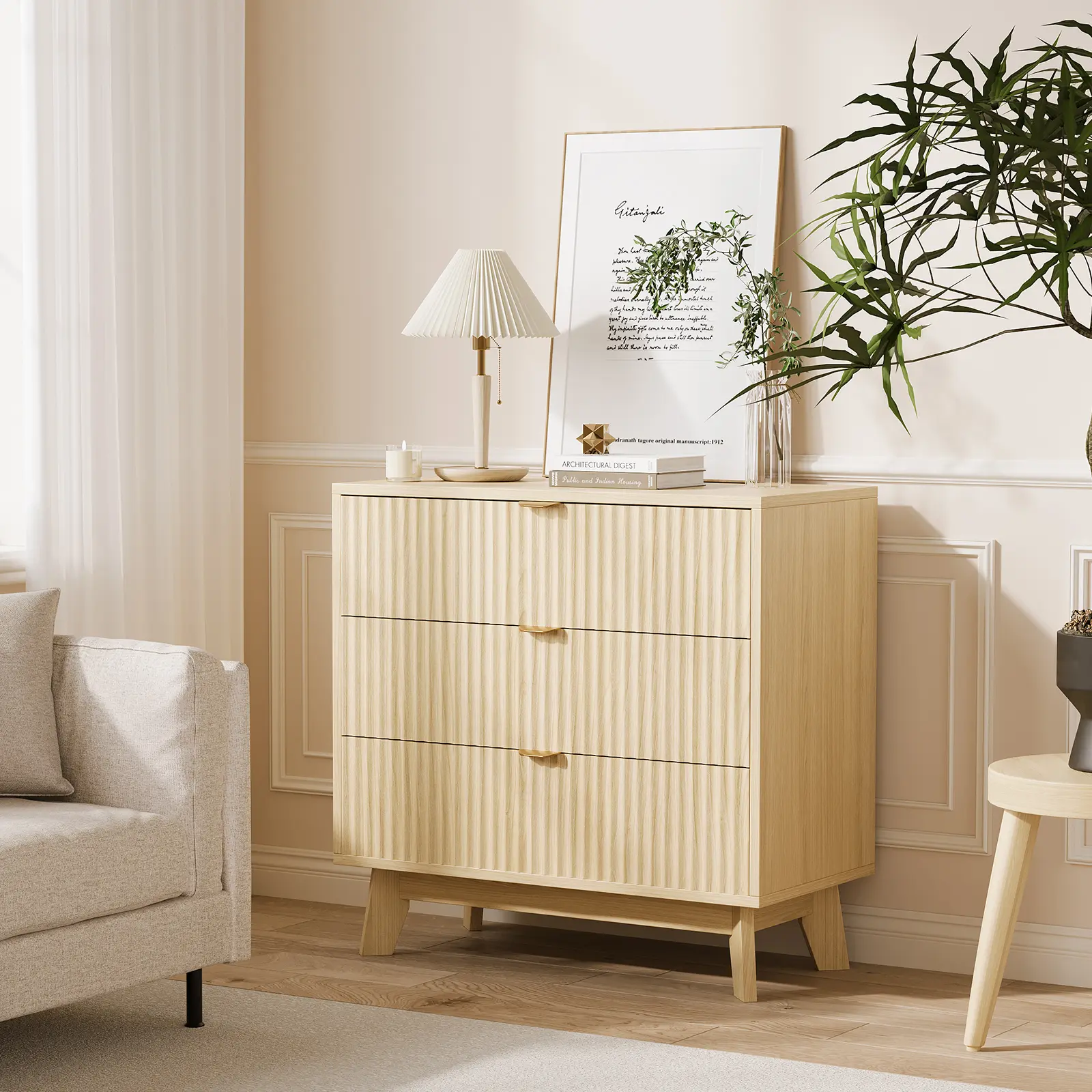 3 Drawer Chest of Drawers, Sideboard, Buffet Storage Cabinet for Living Room, Kitchen Cupboard with 3 Drawers,70x70x40 cm,Storage Unit for Modern Home Dining Room, Natural