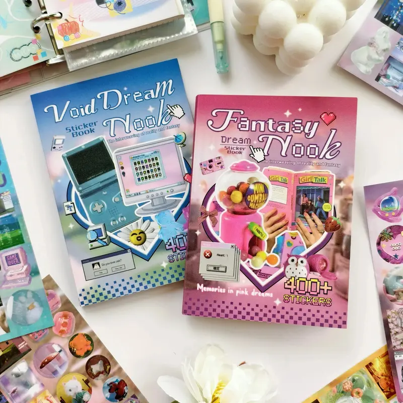 Aesthetic Dreamcore Sticker Book (Single/Bundle) - 30 Sheets, 400+ Pcs Holographic Mixed Film Y2K Retro Tech & Frutiger Aero Star Stickers, 10 Craft Paper Sheets for Scrapbook Supplies, Collage Art, Journal With Me