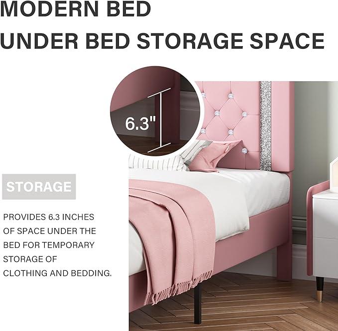 HOMBCK Diamond Bed Frame, No Mattress, Comfortable and Adjustable Headboard, Modern style, Princess Bed, No Box Spring Required