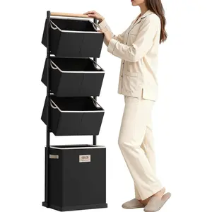 4 Section Laundry Hamper Sorter, Stackable Laundry Basket Organizer with Removable Basket, 125L 4-Tier Vertical Laundry Sorter for Small, Laundry Room, Dorm,, Wardrobe Black