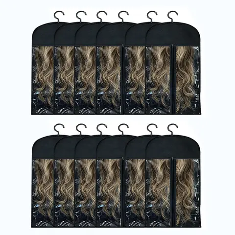 12-Pc Classic Black Hangable Wig Storage Bag Set with Hanger - 23.6in x 11.8in Waterproof Acrylic Hangable Organizer Pouch, Breathable and Easy-Carry Daily Home Supplies Dust Cover for Travel