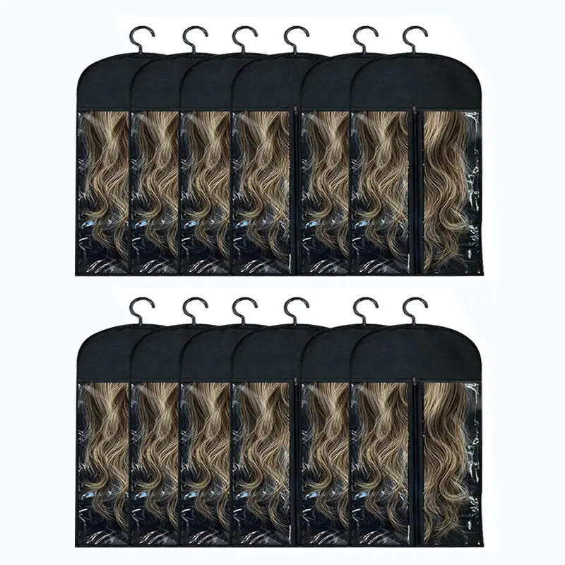 12-Pc Classic Black Hangable Wig Storage Bag Set with Hanger - 23.6in x 11.8in Waterproof Acrylic Hangable Organizer Pouch, Breathable and Easy-Carry Daily Home Supplies Dust Cover for Travel