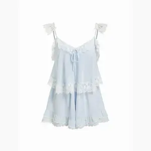 Cider Chiffon V-neck Lace Panel Knotted Ruffle Sleeve Oversized Romper