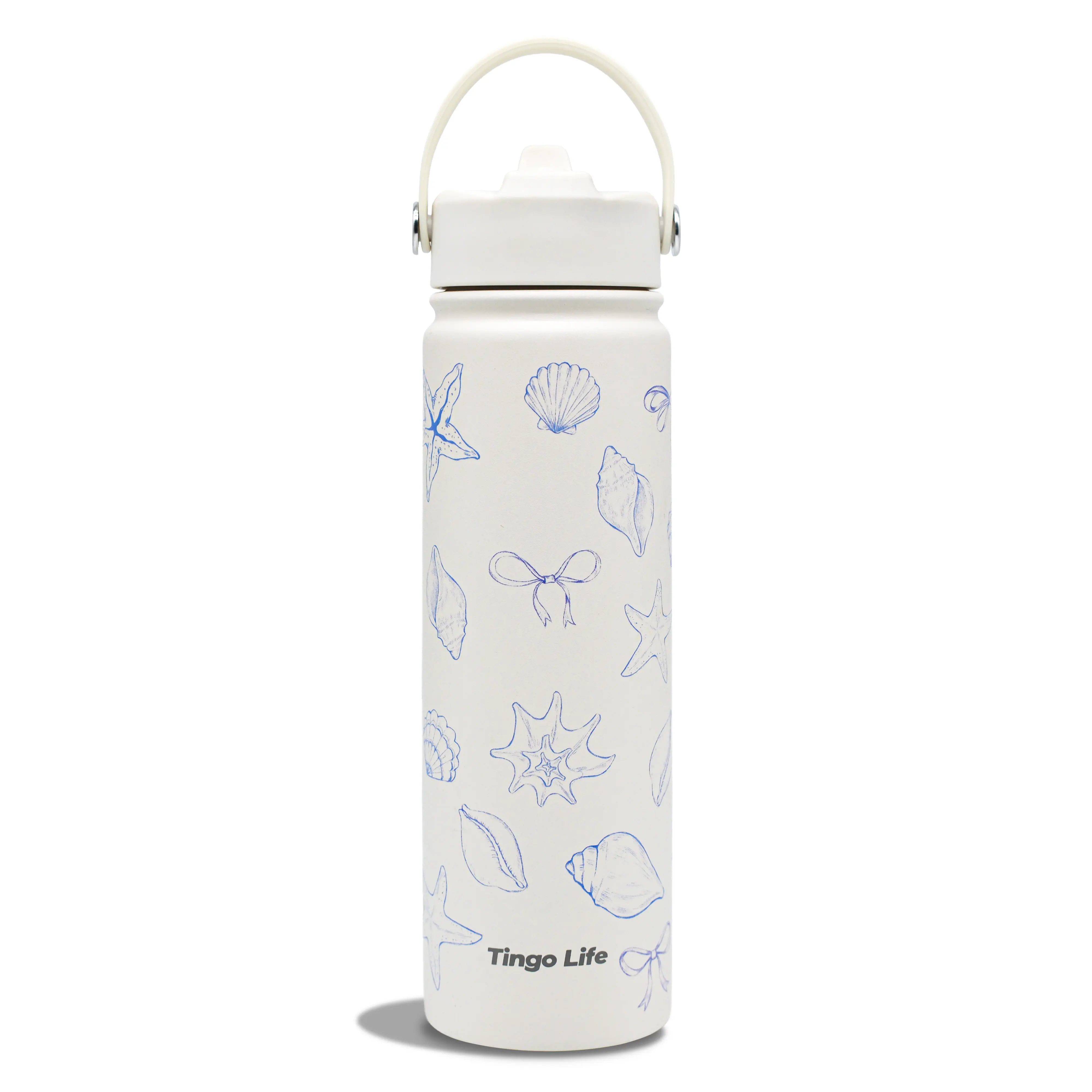 Tingo Life 25oz Stainless Steel Water Bottle with Straw Lid - Double Wall Vacuum Insulated Tumbler, Leak Proof Flip Top, Cute Coastal Seashell Starfish Design, Dishwasher Safe, BPA Free