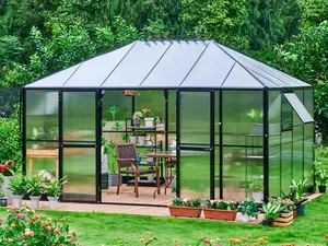 Amerlife 14x10x9 FT Greenhouse - Outdoor Aluminum Polycarbonate Greenhouse with 2 Ventilation and Rain Gutter, Double Doors with Hook
