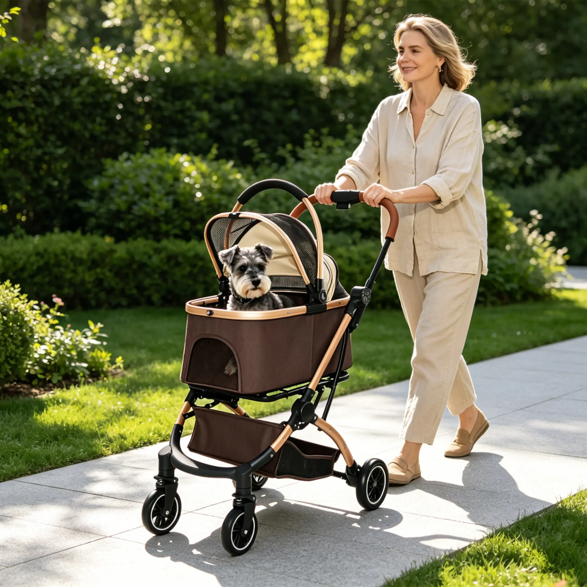 4-Wheel 2-in-1 Detachable Foldable Pet Stroller for Dogs & Cats - 1-Hand Quick Fold, Storage Basket, Detachable Carry Basket with Sun Canopy (Khaki+Gold/Black+Gold)