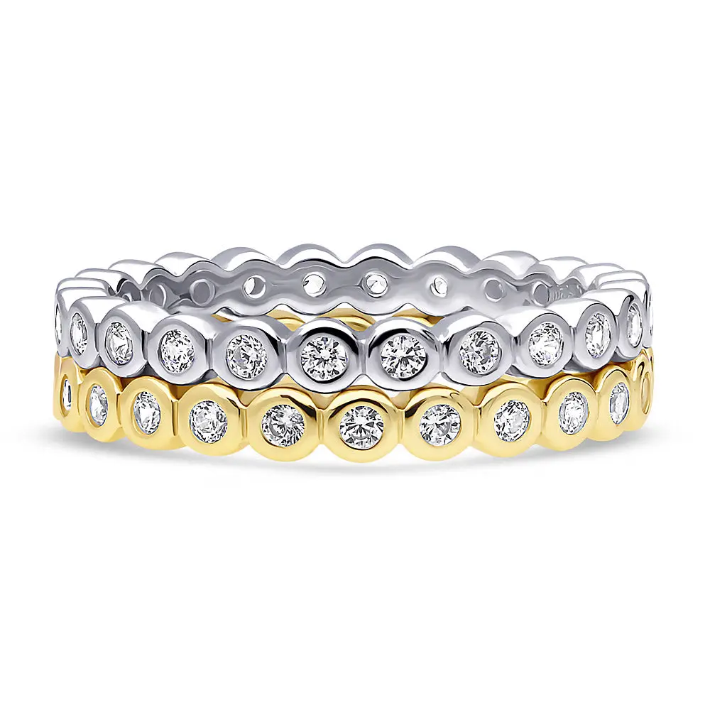 BERRICLE Yellow Gold Flashed Sterling Silver Bubble Rings Stackable Eternity Band Ring Set for Women, Bezel Set Round Cut Cubic Zirconia CZ
